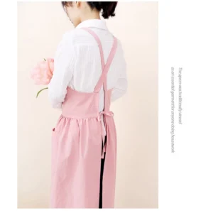 ผ้ากันเปื้อนผ้าฝ้ายลินิน  แบบสายพาดไหล่ สีชมพู